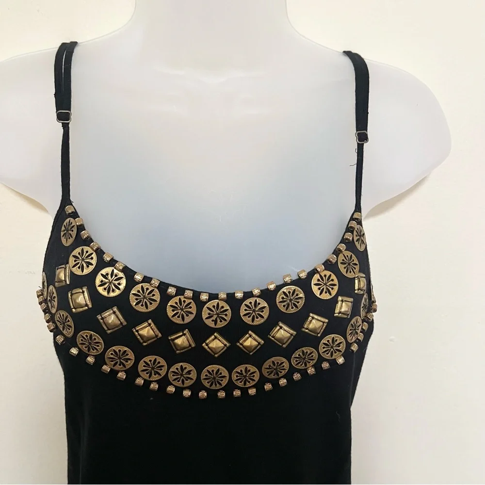 Earthbound M Gold Bead Elastic Waist Black Sleeveless Dress Strappy Back Women